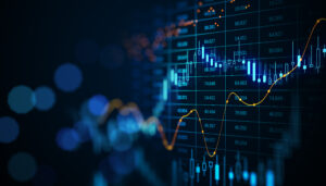 blank dark bokeh background with digital financial chart indicators graphs candlestick side 3d rendering mockup