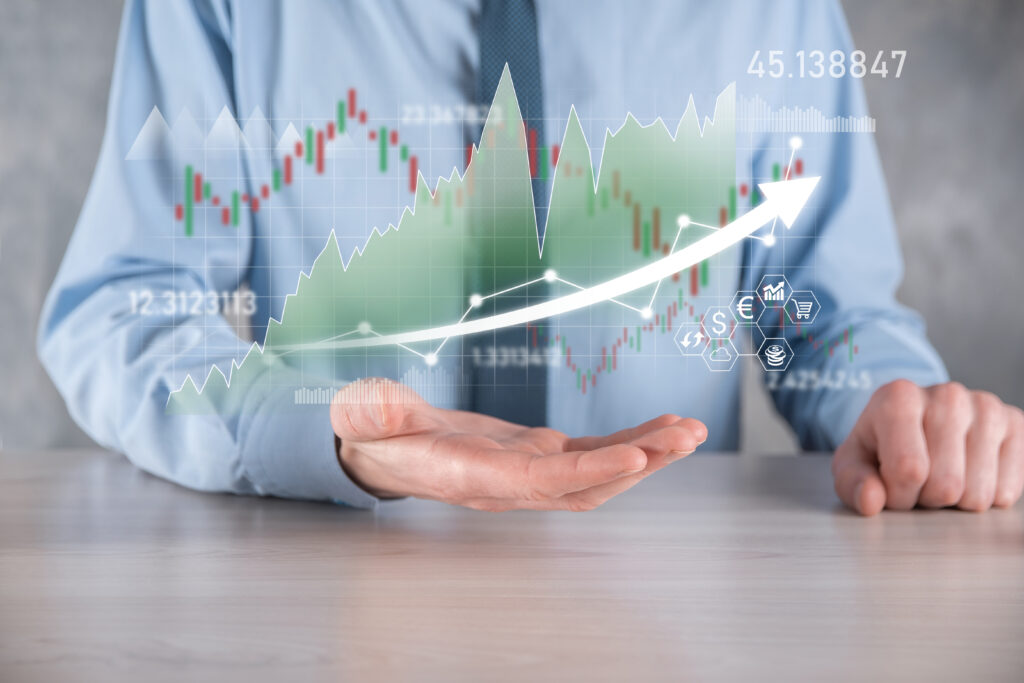 businessman hold sales data economic growth graph chart business planning strategy analysing trading exchange financial banking technology digital marketing profit growing plan