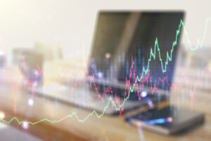 double exposure abstract creative financial chart modern desktop with laptop background research strategy concept