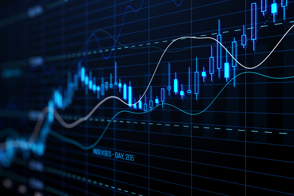 perspective view stock market growth business investing data concept with digital financial chart graphs diagrams indicators dark blue blurry background 3d rendering