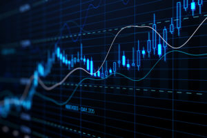 perspective view stock market growth business investing data concept with digital financial chart graphs diagrams indicators dark blue blurry background 3d rendering